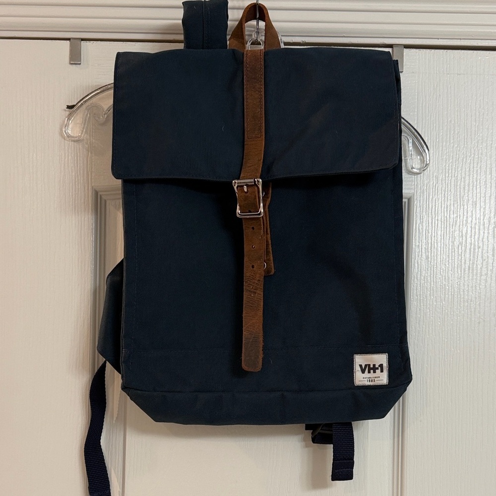 Navy Blue Backpack with Brown Strap
